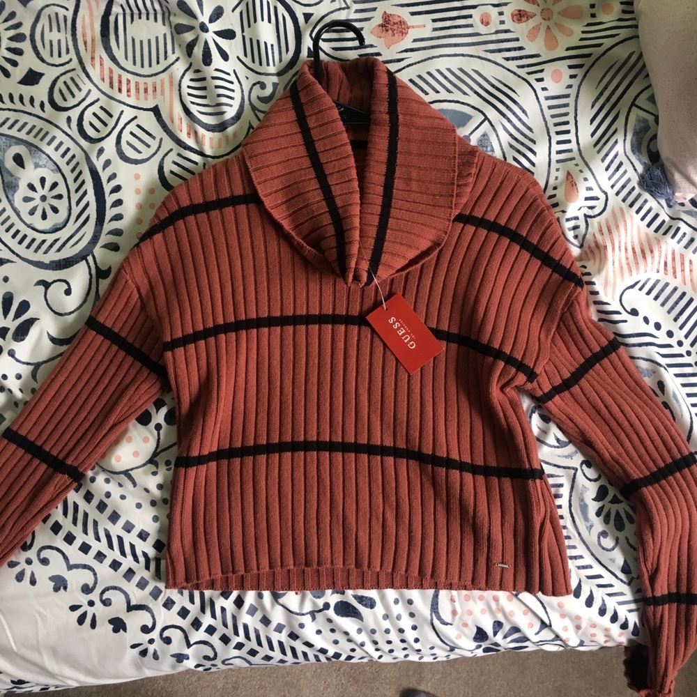 GUESS Burnt Orange & Black striped crop sweater
